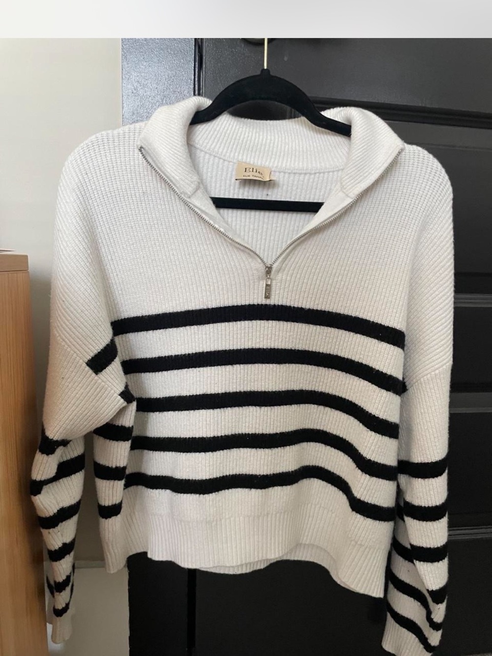 Elie Tahari White & Black Striped quarter-Zip  Sweater